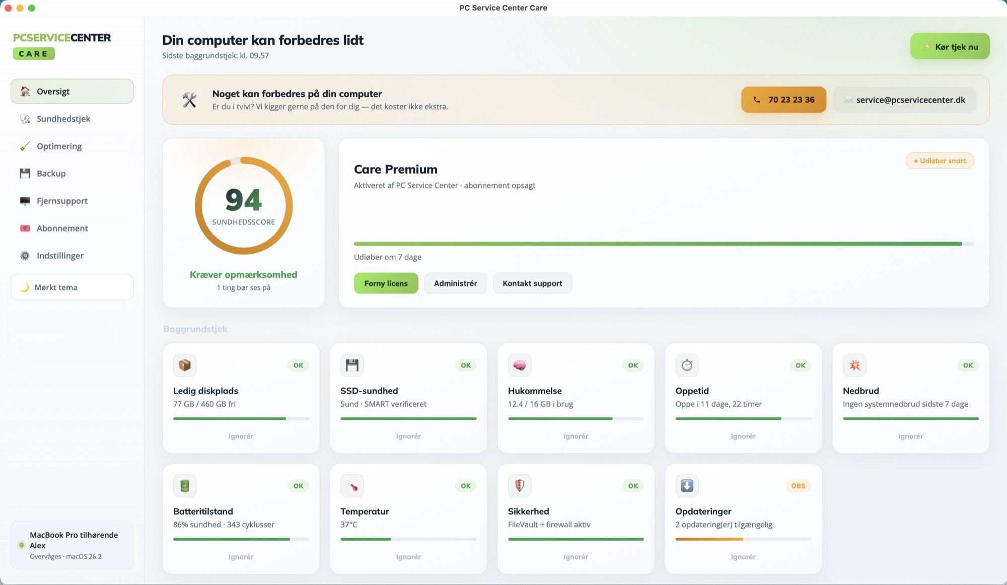 PC Service Center Care — dashboard med sundhedsscore og baggrundstjek
