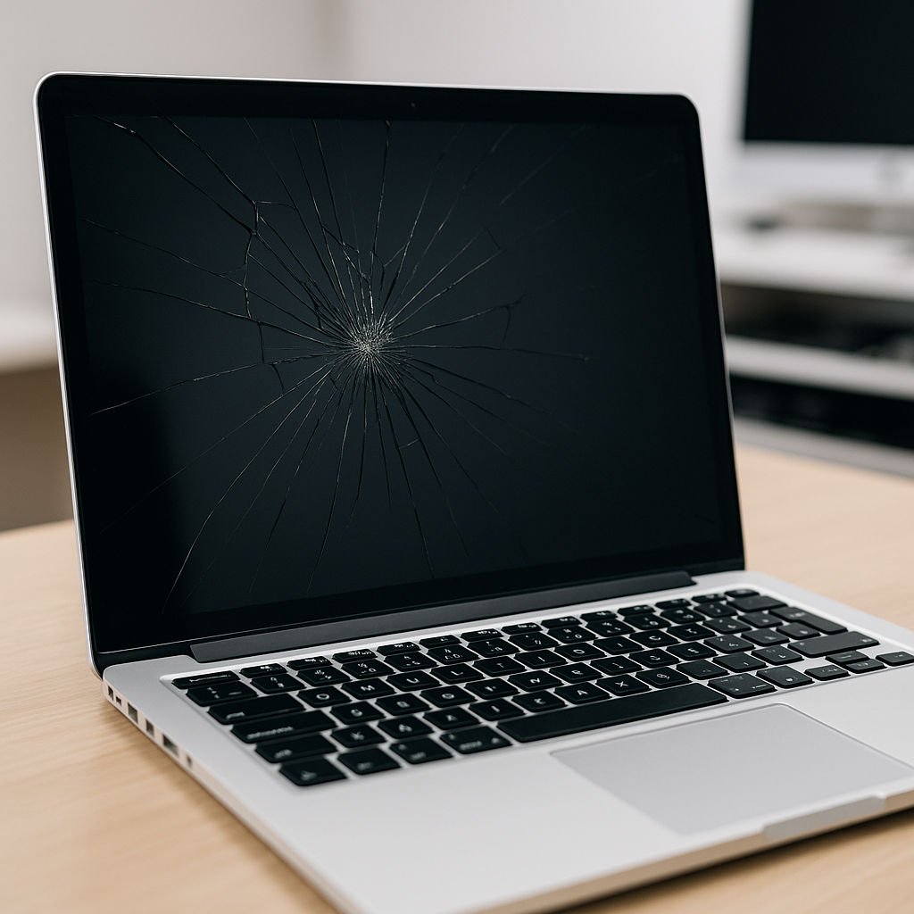 Macbook med revnet skærm som skal repareres